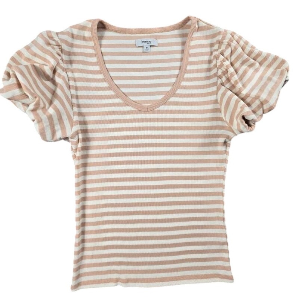 Kensie Jeans ribbed striped puff sleeve V-neck top medium beige cream stretch